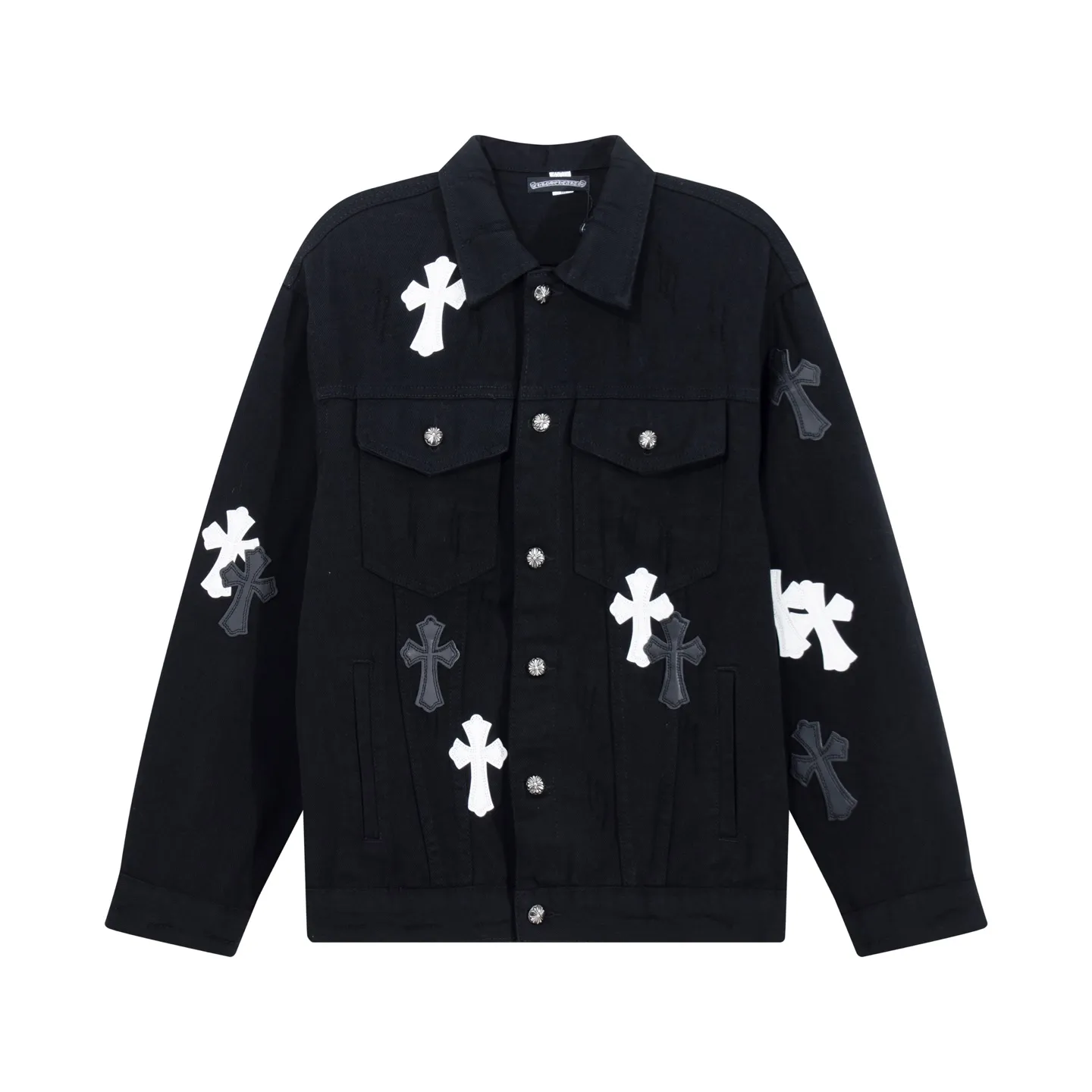 P310 Chrome Hearts Chrome Hearts leather cross-piece embroidered shirt denim jacket Color: black blue black Size: M L XL XXL XXXL